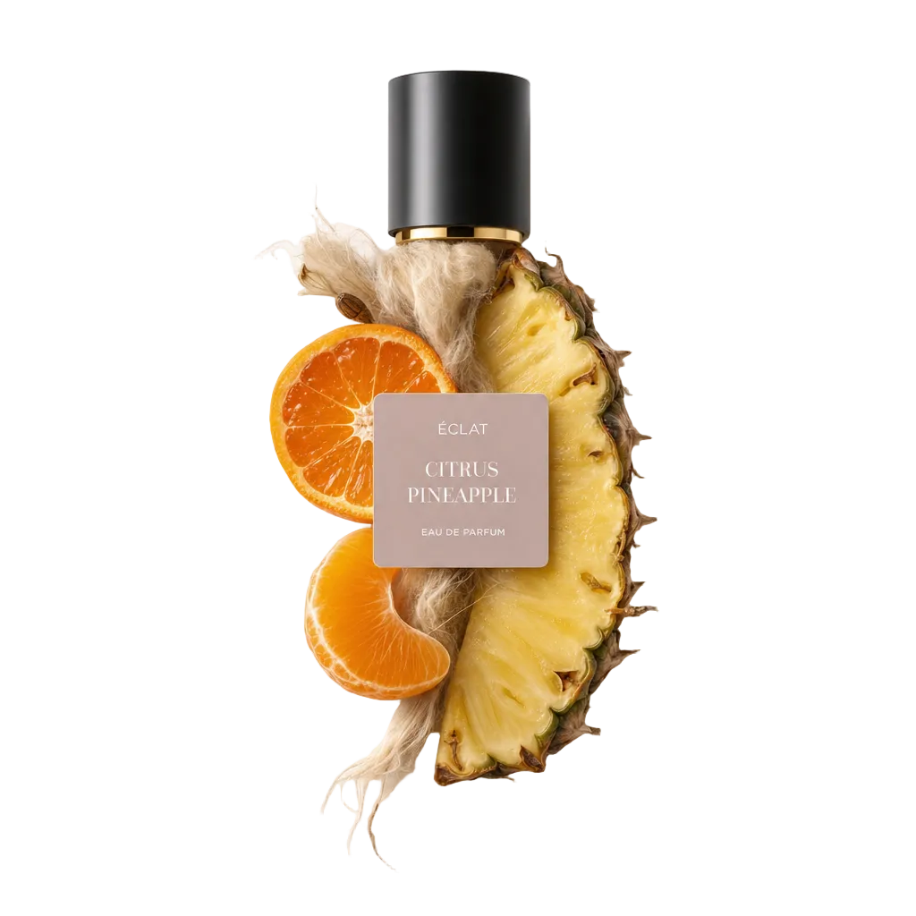 Aranżacja z plasterkami ananasa i segmentami pomarańczy z czarną nakrętką oznaczoną ÉCLAT Citrus Pineapple.