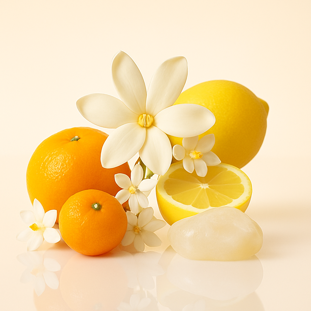 Aranżacja cytryny, pomarańczy i kwiatów na odbijającej powierzchni, symbolizująca zapach ÉCLAT Citrus Tiaré.