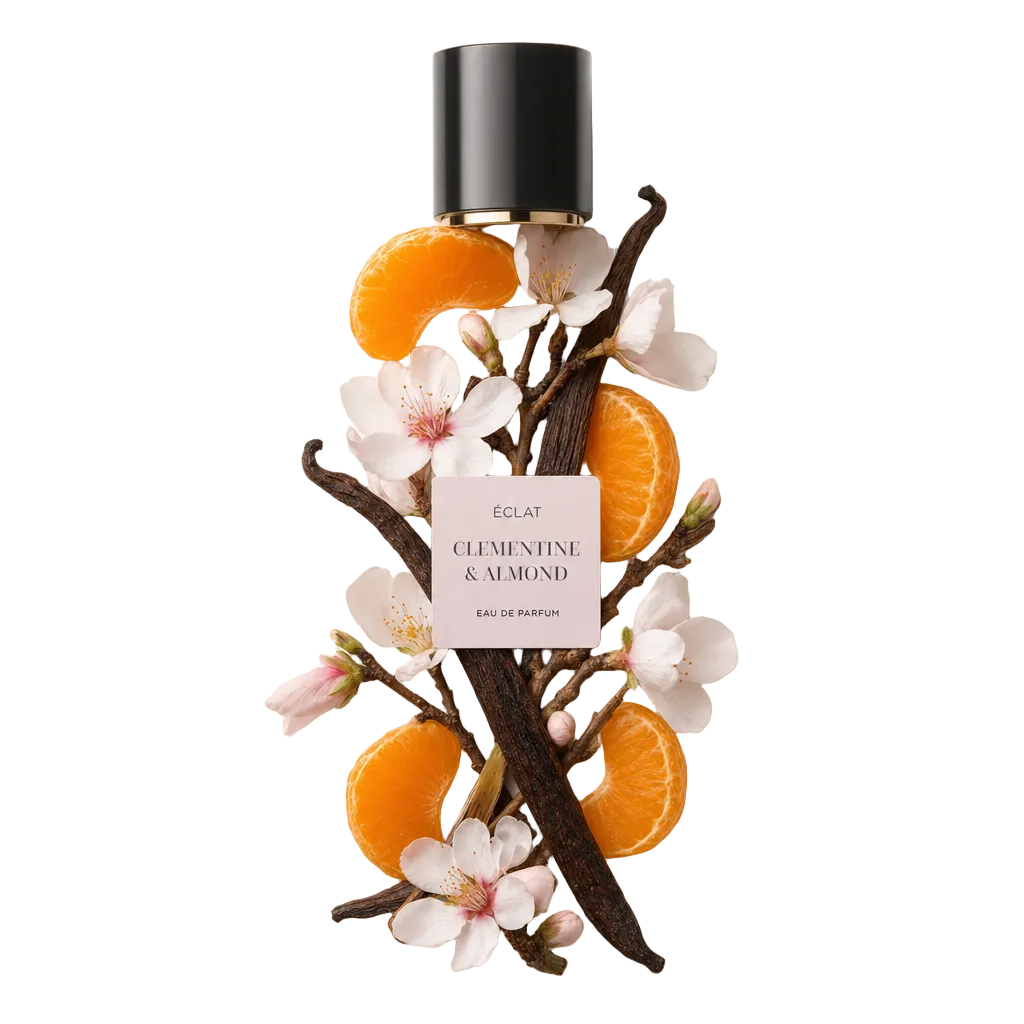 Kompozycja z plasterków klementyny, kwiatów migdałowca i lasek wanilii otacza czarną nakrętkę z etykietą ÉCLAT Clementine & Almond.