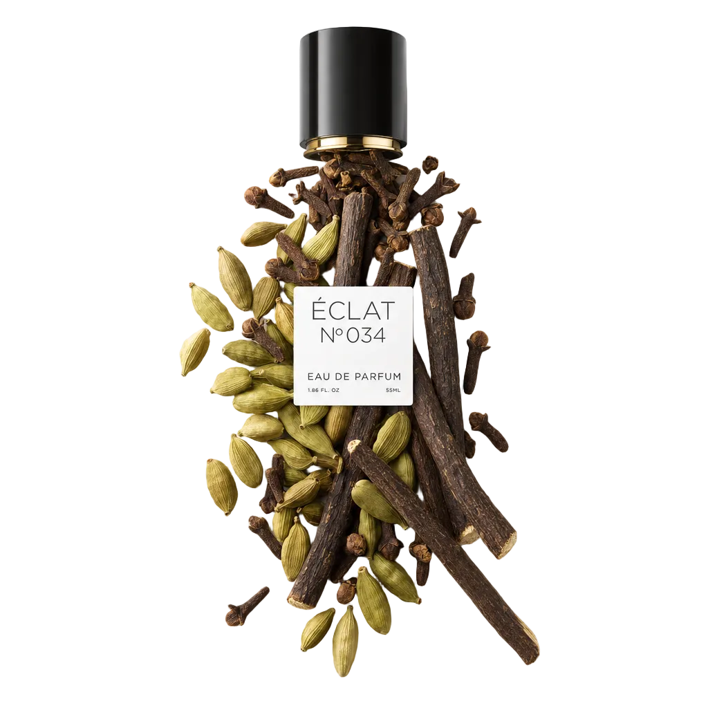 Eleganckie ułożenie strąków kardamonu i goździków otacza czarną nasadkę z etykietą, podkreślając ÉCLAT Cloves & Cardamom.