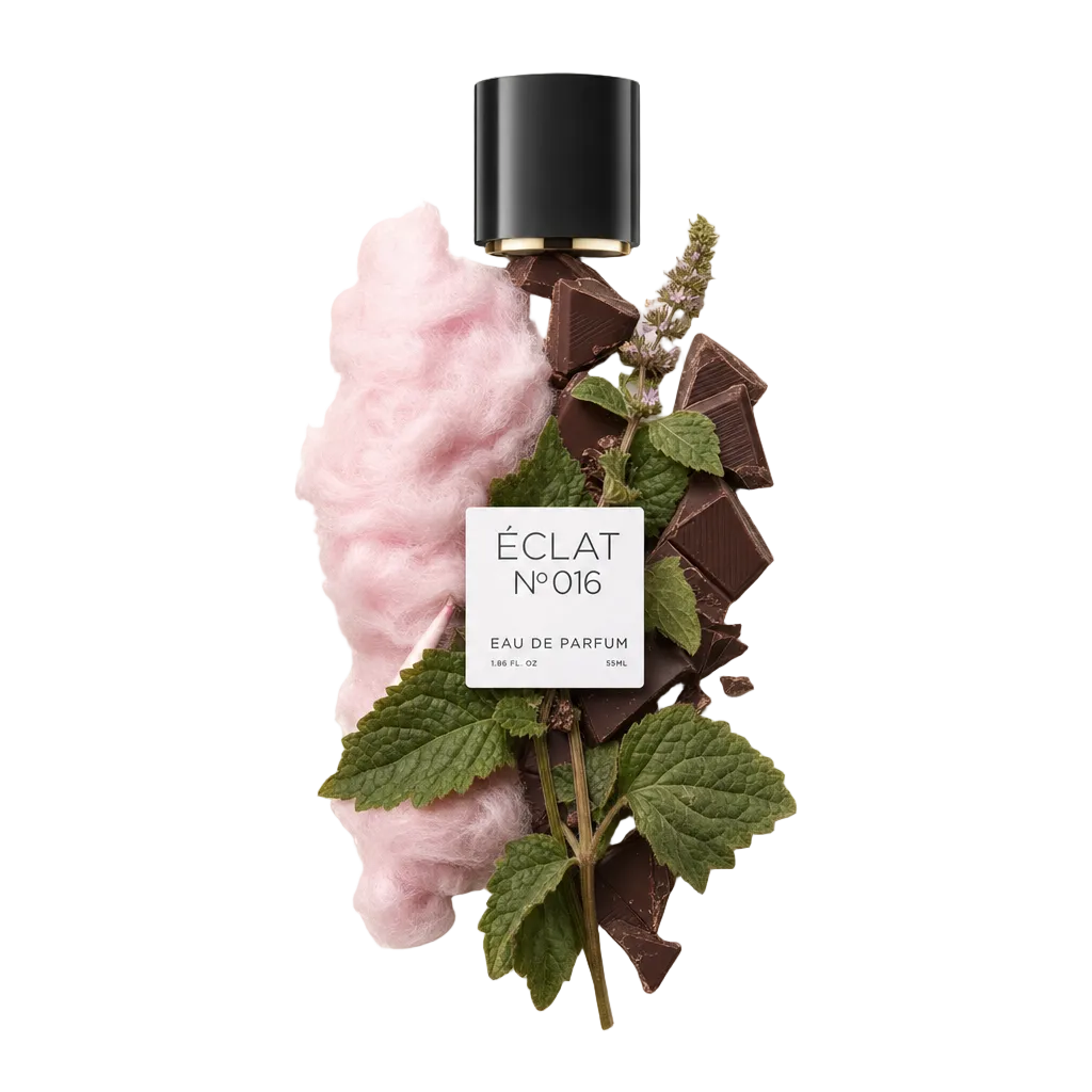Aranżacja z różowej waty cukrowej, kawałków czekolady i zielonych liści paczuli otacza czarną nasadkę z etykietą, reprezentując ÉCLAT Cotton Candy & Patchouli.