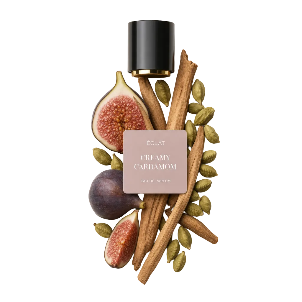 Kompozycja ze świeżych fig, lasek cynamonu i strąków kardamonu otacza oryginalną czarną zakrętkę z etykietą ÉCLAT Creamy Cardamom.