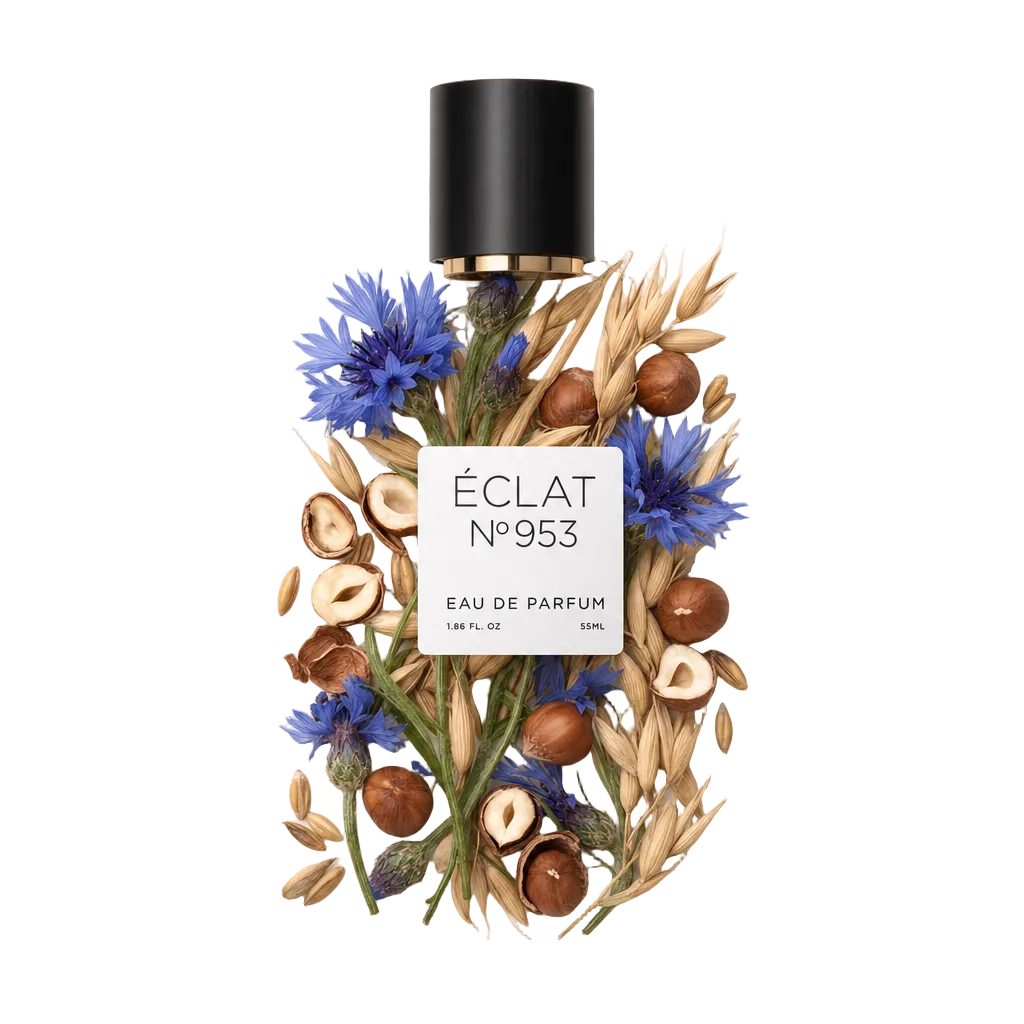 Kompozycja z niebieskich chabrów i orzechów laskowych otacza czarną nakrętkę ze złotym akcentem, z etykietą ÉCLAT Creamy Cornflower.
