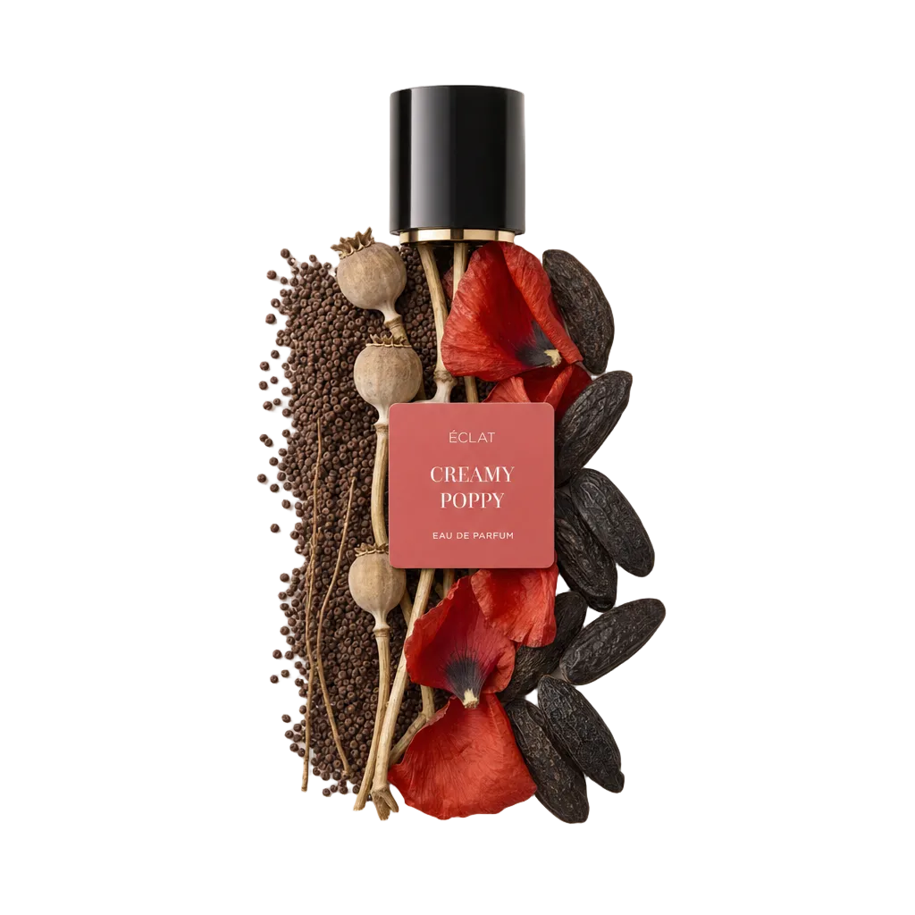 Czarna nasadka z etykietą na artystycznej kompozycji z płatków maku, lasek wanilii i nasion. Etykieta brzmi ÉCLAT Creamy Poppy.
