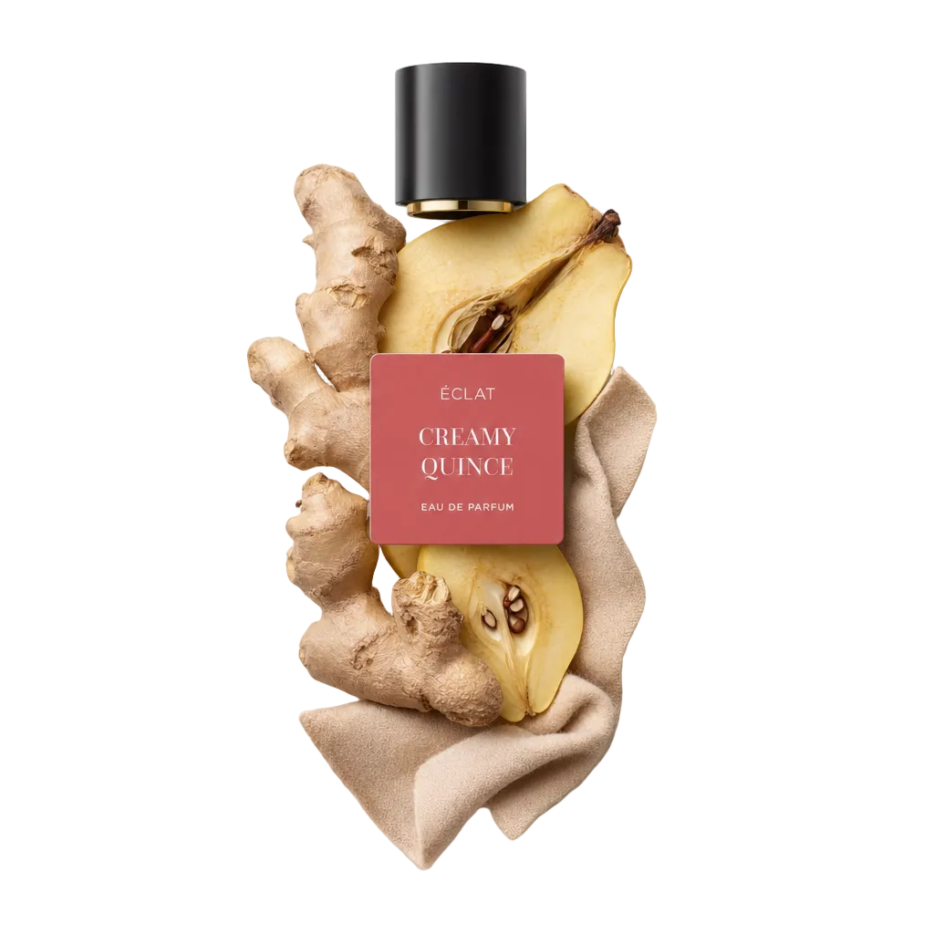 Martwa natura z korzeniami imbiru i plasterkami pigwy, z czarną nakrętką i etykietą 'ÉCLAT Creamy Quince'.