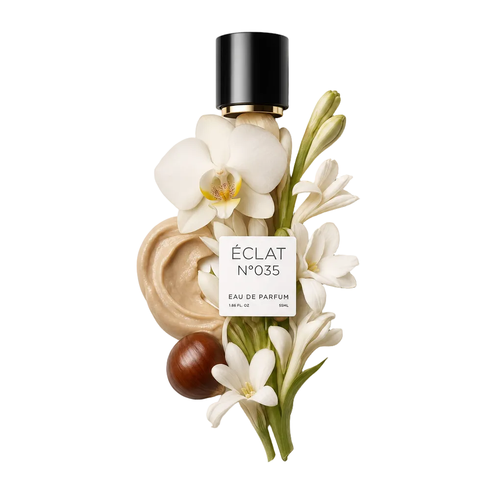 Kompozycja kremowej tekstury, białych kwiatów tuberozy i orchidei otacza czarną nasadkę z etykietą ÉCLAT Creamy Tuberose.