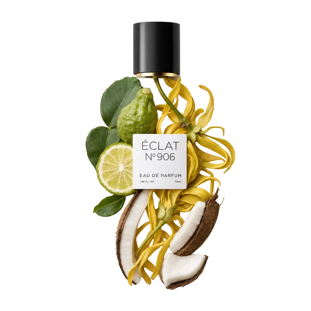 Kompozycja z kwiatów ylang-ylang, bergamotki i kawałków kokosa otacza czarną nakrętkę z etykietą ÉCLAT 906 VIP.