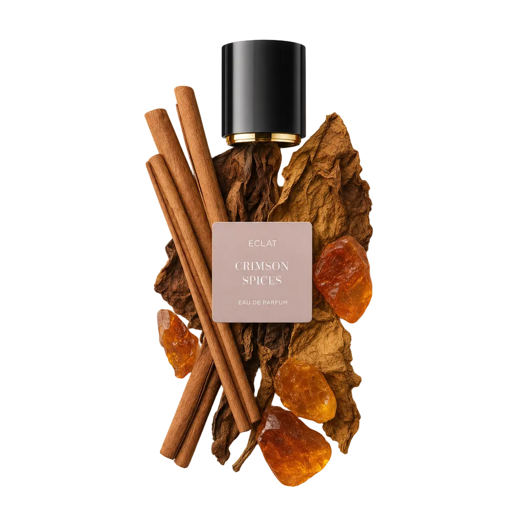 Kompozycja z lasek cynamonu, suszonych liści tytoniu i bursztynowych kamieni otacza czarną nakrętkę z etykietą ÉCLAT Crimson Spices.