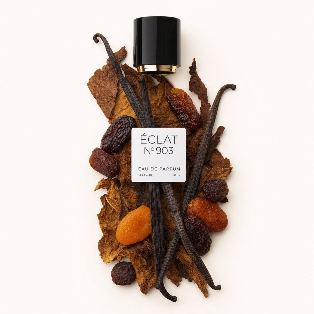 Kompozycja z liści tytoniu, suszonych owoców i lasek wanilii otacza czarną nakrętkę z etykietą, reprezentując ÉCLAT VIP - Dry Fruits, Vanilla & Tobacco.