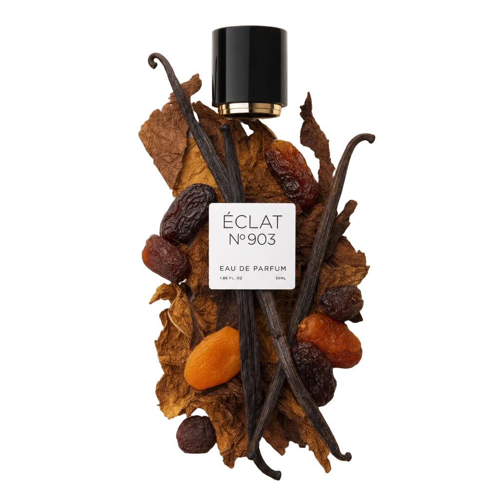 Kompozycja z liści tytoniu, suszonych owoców i lasek wanilii otacza czarną nakrętkę z etykietą, reprezentując ÉCLAT VIP - Dry Fruits, Vanilla & Tobacco.