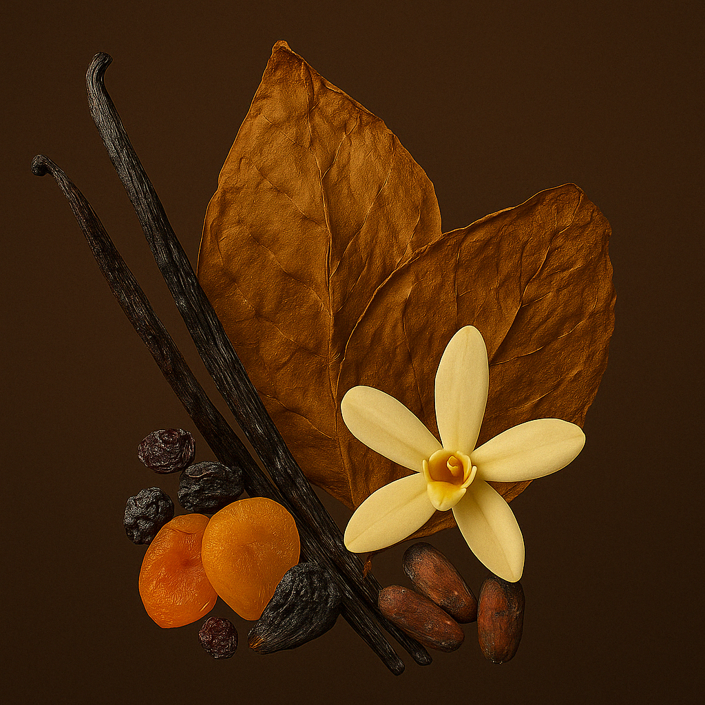 Suszone liście tytoniu, laski wanilii, morele, rodzynki i ziarna tonka elegancko ułożone, ilustrujące nuty ÉCLAT VIP - Dry Fruits, Vanilla & Tobacco na ciemnym tle.