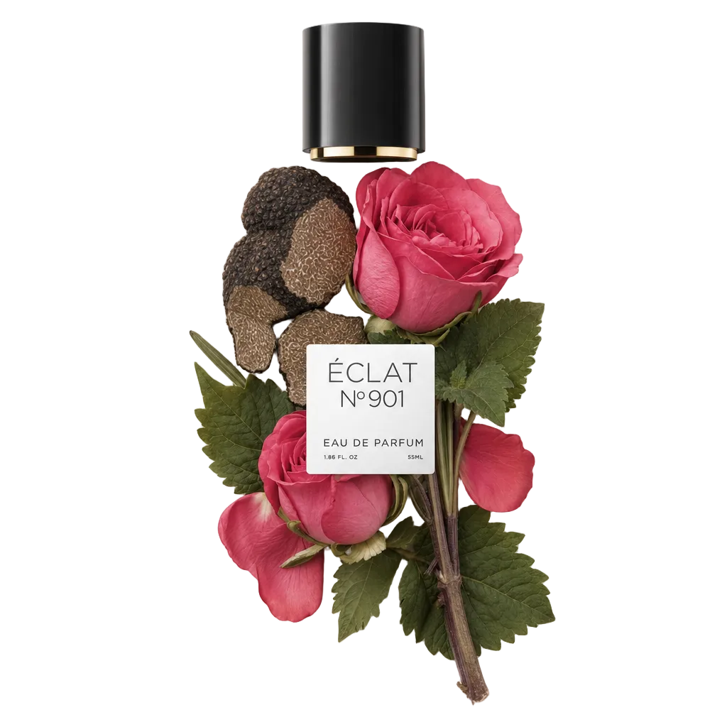 Kompozycja z żywych różowych róż i plastrów ziemistych trufli otacza czarną nasadkę z etykietą ÉCLAT VIP - Earthy Rose.