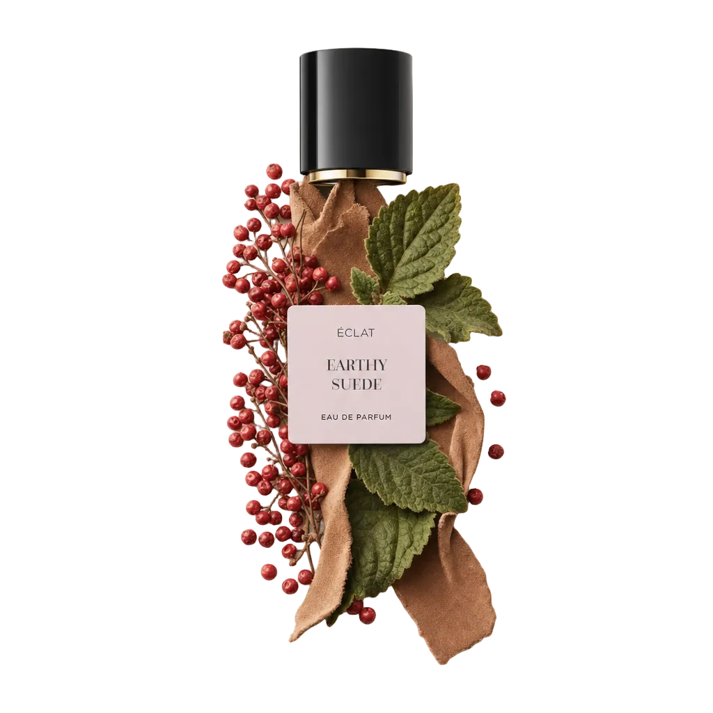 Kompozycja z czerwonych jagód, materiału podobnego do zamszu i świeżych zielonych liści leży pod czarną nakrętką z etykietą ÉCLAT Earthy Suede.