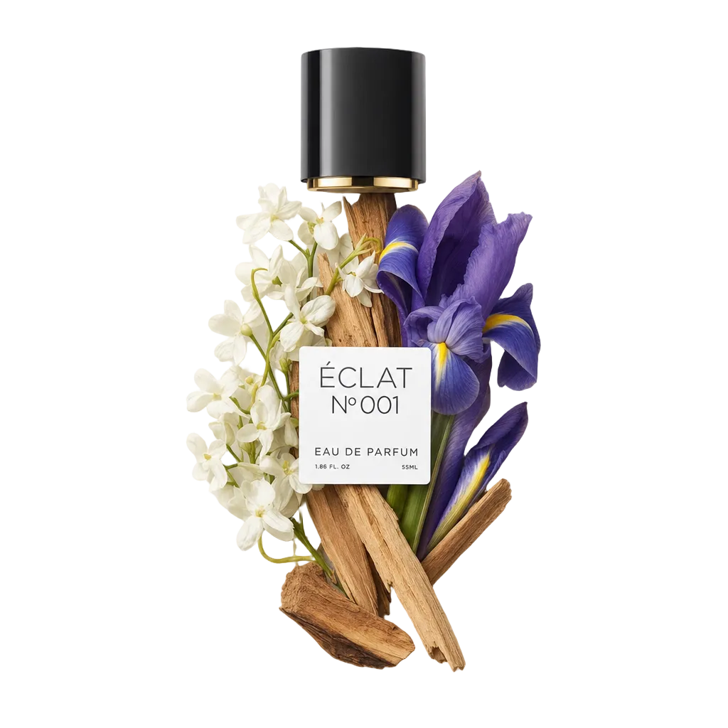 Artystyczna kompozycja z białych kwiatów, drewnianych pałeczek i fioletowego irysa otacza czarną nakrętkę ze złotym akcentem, oznaczoną dla ÉCLAT Floral Aldehydes.