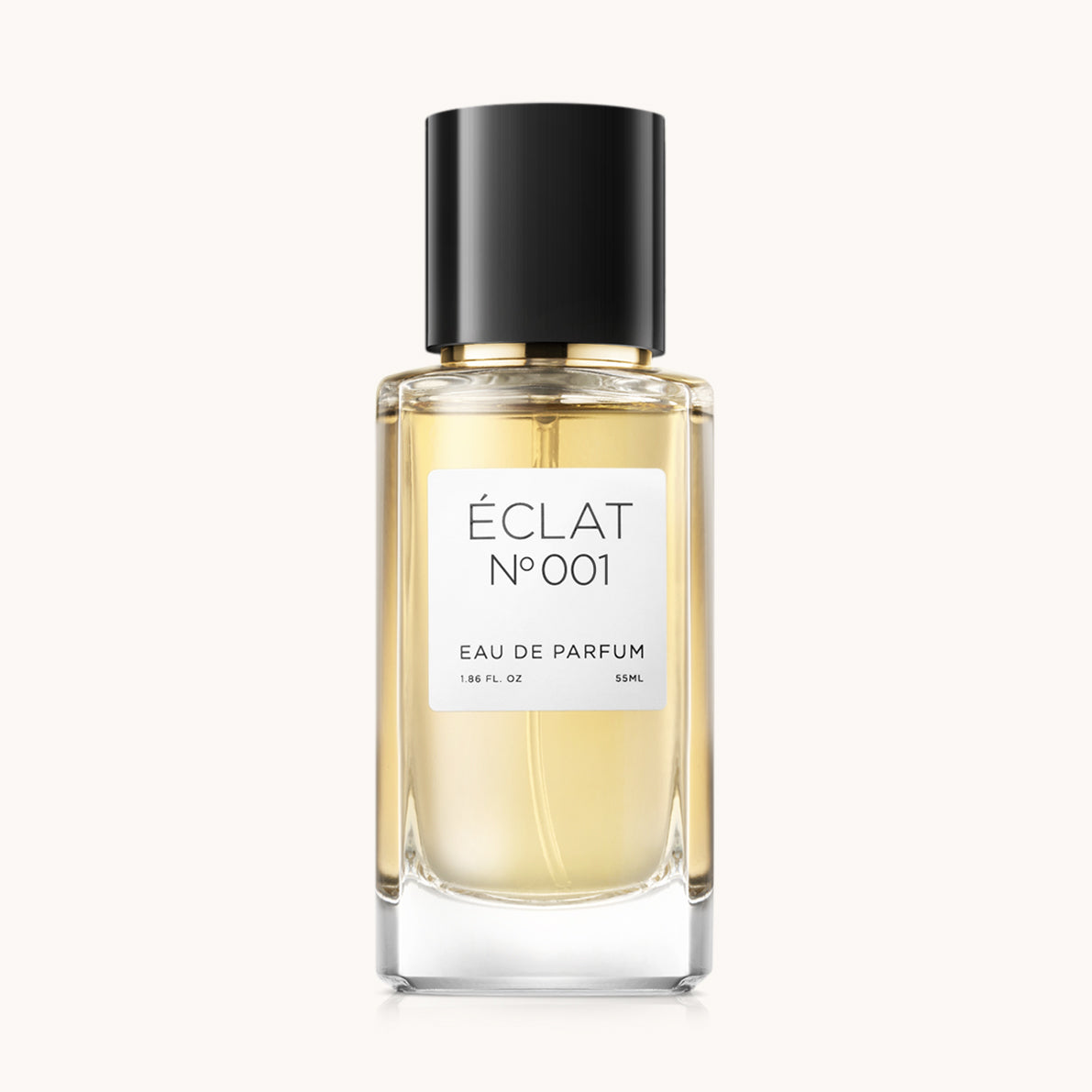 Fasetowana szklana butelka ÉCLAT Floral Aldehydes z czarną nakrętką i białą etykietą.