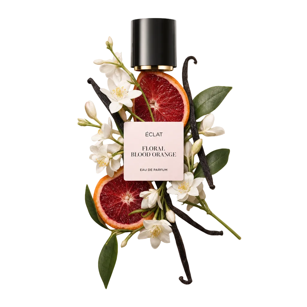 Ułożenie świeżych plastrów krwawej pomarańczy, białych kwiatów i lasek wanilii, z czarną zakrętką i etykietą ÉCLAT Floral Blood Orange.