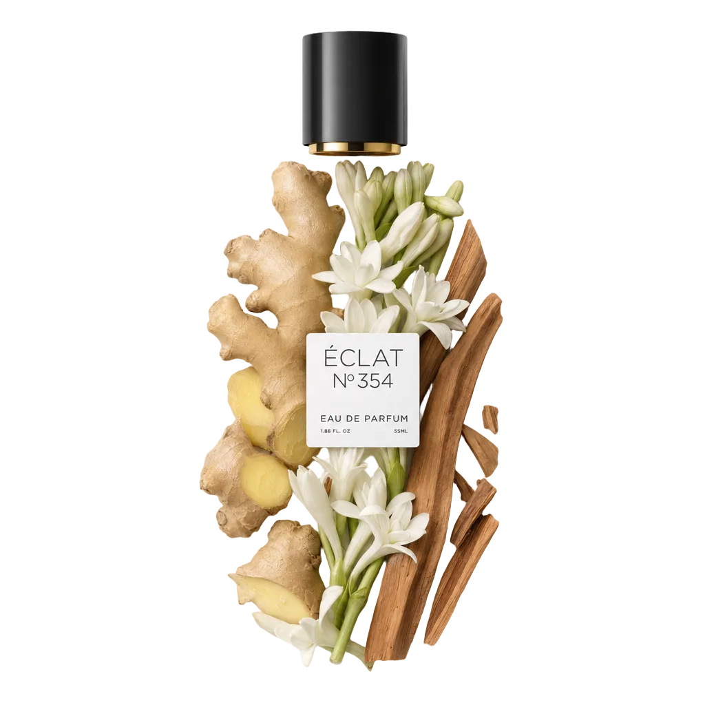Kompozycja z korzeni imbiru, białych kwiatów i lasek cynamonu pod czarną nakrętką z etykietą ÉCLAT Floral Ginger.