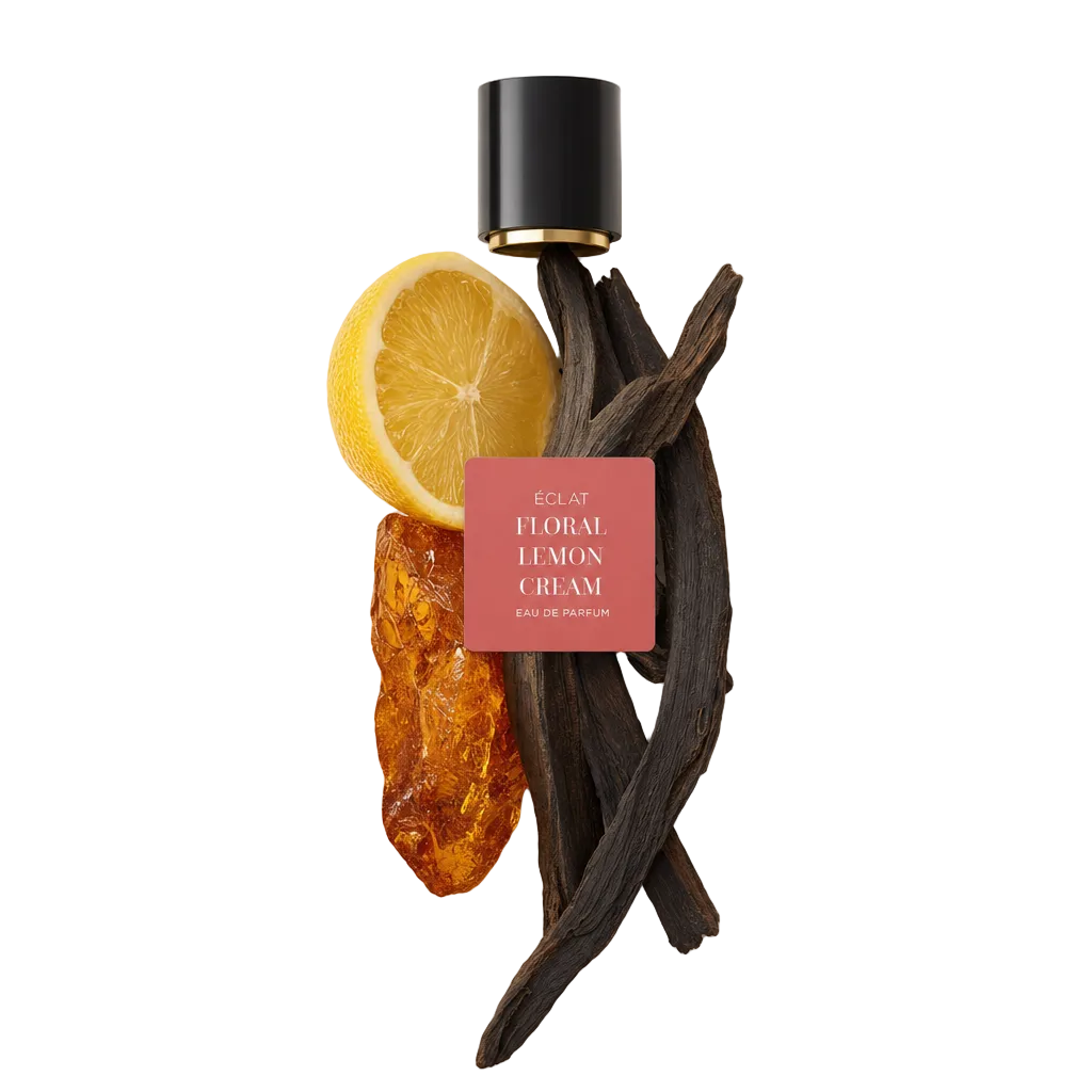 Układ z połowy cytryny, żywicy bursztynowej i lasek wanilii z czarną nakrętką pokazującą etykietę ÉCLAT Floral Lemon Cream.
