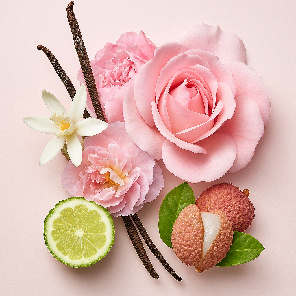 ÉCLAT Floral Lychee jest przedstawiony w kompozycji z różowymi różami, białymi kwiatami, laskami wanilii, plasterkami limonki i owocami liczi.