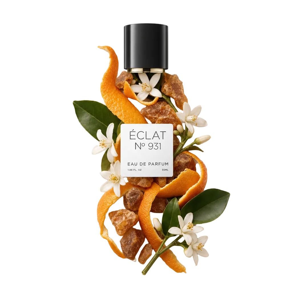 Kompozycja z pomarańczowych skórek, białych kwiatów i kawałków żywicy otacza czarną nakrętkę z etykietą, ÉCLAT Floral Neroli.