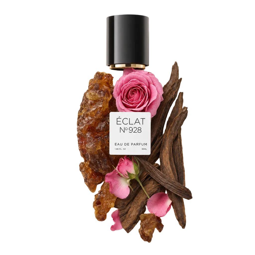 Aranżacja składników ÉCLAT Floral Oud z czarną nakrętką i etykietą, z różową różą, drewnem oud i żywicą bursztynową.