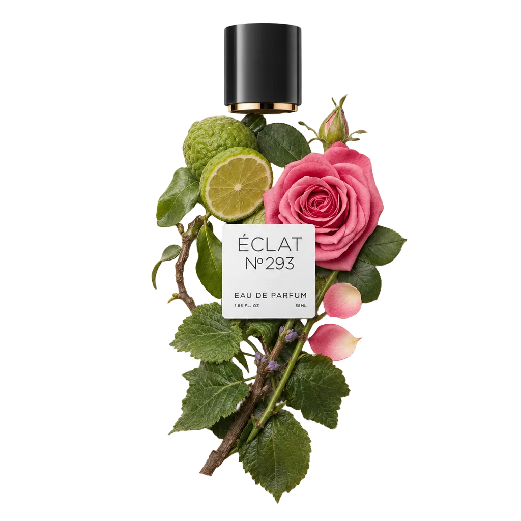Czarna nakrętka z etykietą leży nad aranżacją z różowej róży, plasterków limonki i zielonych liści, reprezentując ÉCLAT Floral Patchouli.
