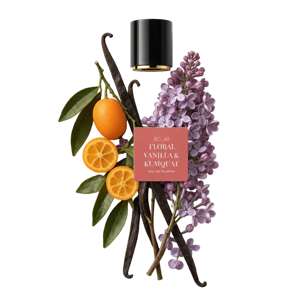 Kompozycja z kwiatów bzu, świeżych kumkwatów i lasek wanilii otacza czarną nasadkę z etykietą, reprezentując ÉCLAT Floral Vanilla & Kumquat.