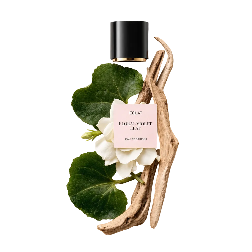 Kompozycja zielonych liści fiołka, delikatnych białych kwiatów i jasnobrązowego drewna otacza czarną nasadkę z etykietą ÉCLAT Floral Violet Leaf.