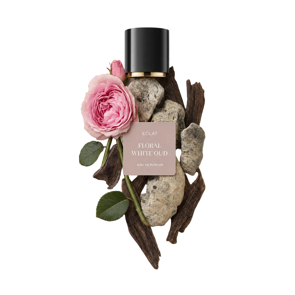 Aranżacja dla ÉCLAT Floral White Oud, z różową różą, teksturowanymi kamieniami i ciemnymi kawałkami drewna pod czarną nakrętką ze złotym paskiem.