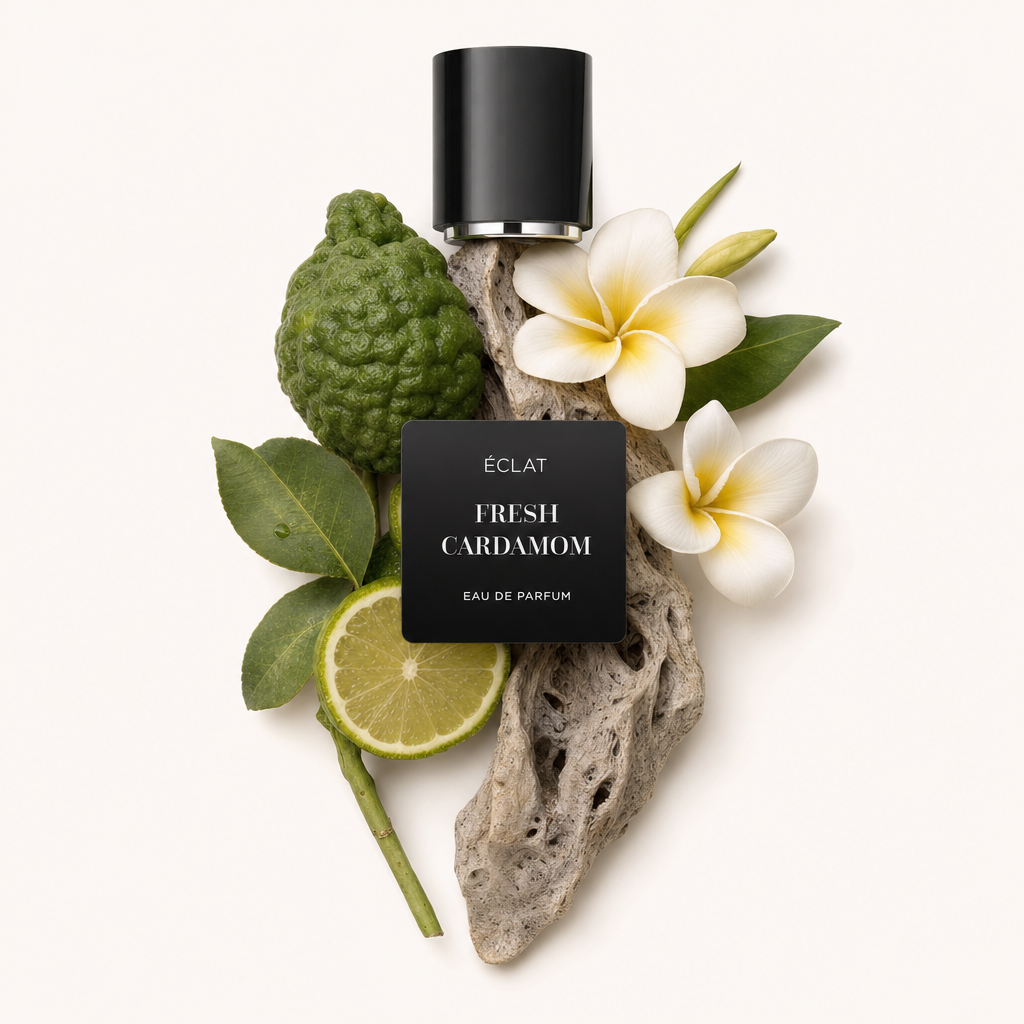 Kompozycja z limonki kaffir, plasterka limonki, kwiatów frangipani i teksturowanego kawałka drewna, zwieńczona oryginalną czarną nakrętką ÉCLAT FRESH CARDAMOM.