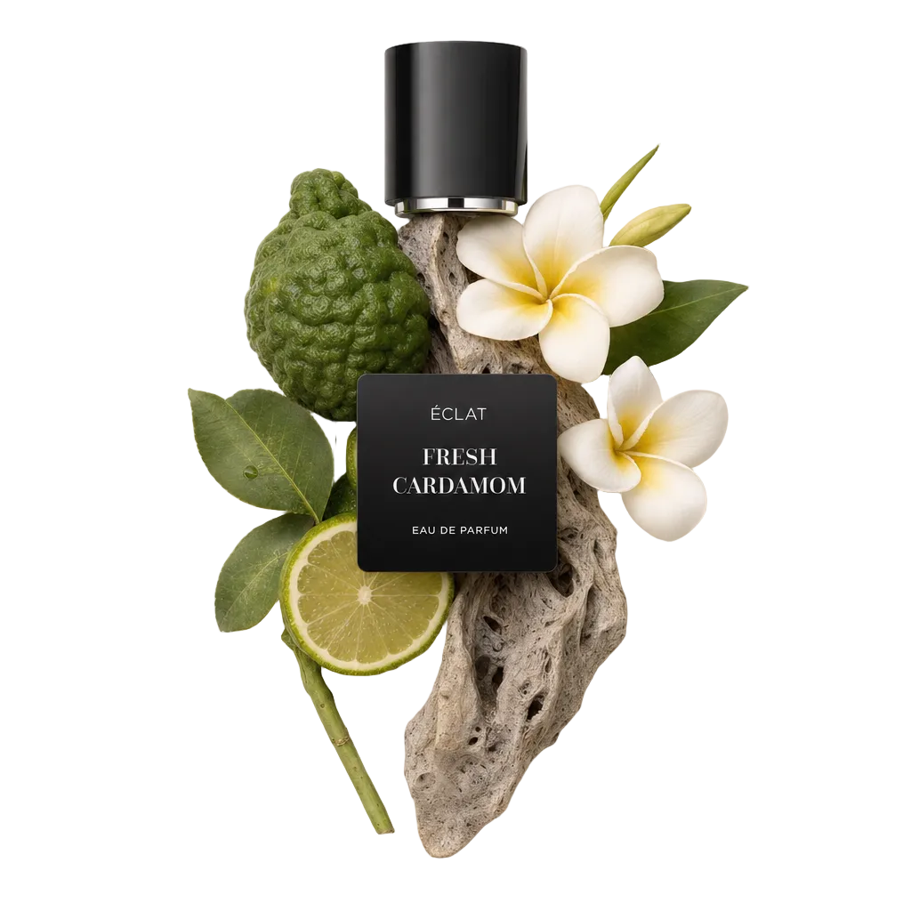 Kompozycja z limonki kaffir, plasterka limonki, kwiatów frangipani i teksturowanego kawałka drewna, zwieńczona oryginalną czarną nakrętką ÉCLAT FRESH CARDAMOM.