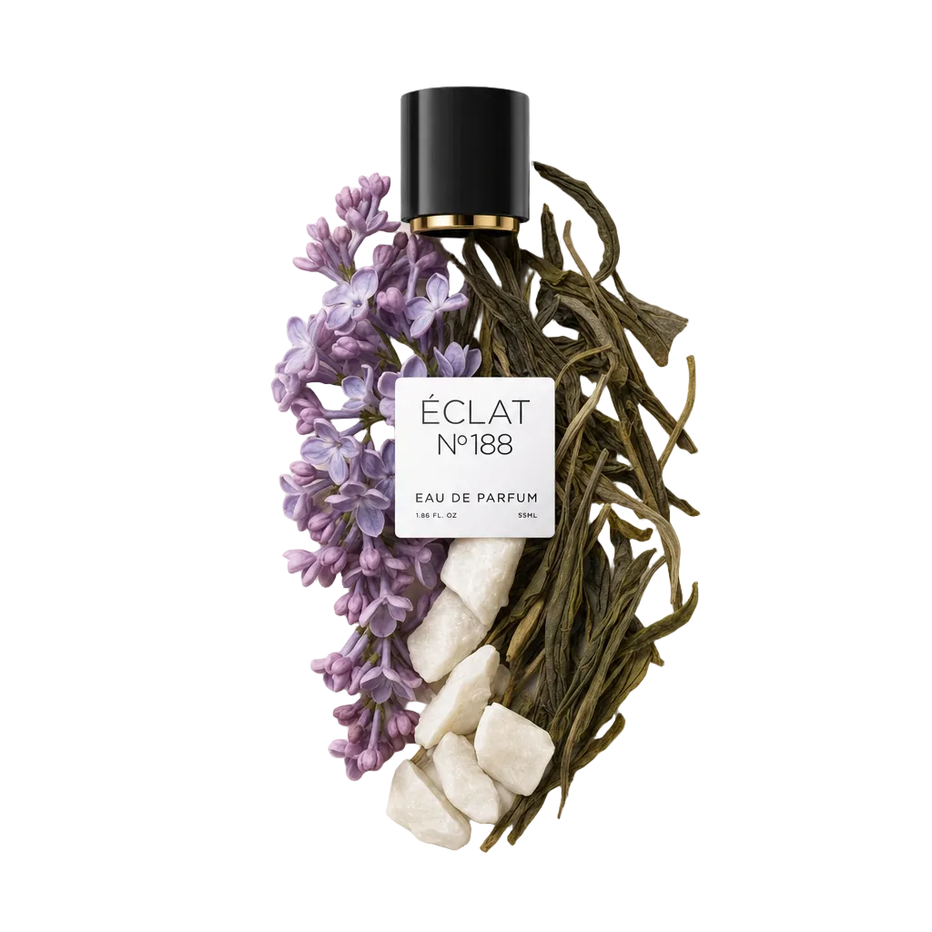 Aranżacja z kwiatów bzu, liści zielonej herbaty i białych kamieni obok czarnej nakrętki ze złotym akcentem i etykietą ÉCLAT Fresh Lilac.