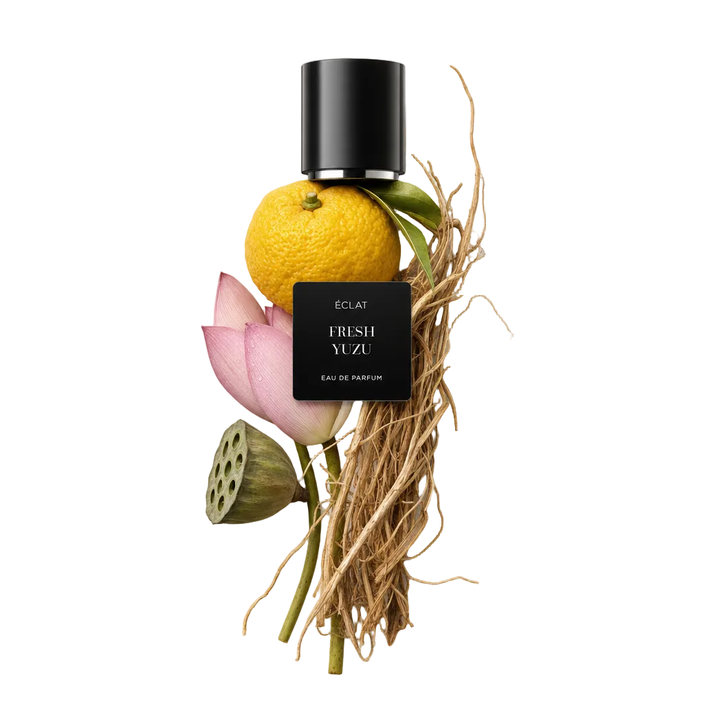 Aranżacja ze świeżego owocu yuzu, różowych płatków lotosu i suszonej trawy otacza czarną nakrętkę z etykietą ÉCLAT Fresh Yuzu.