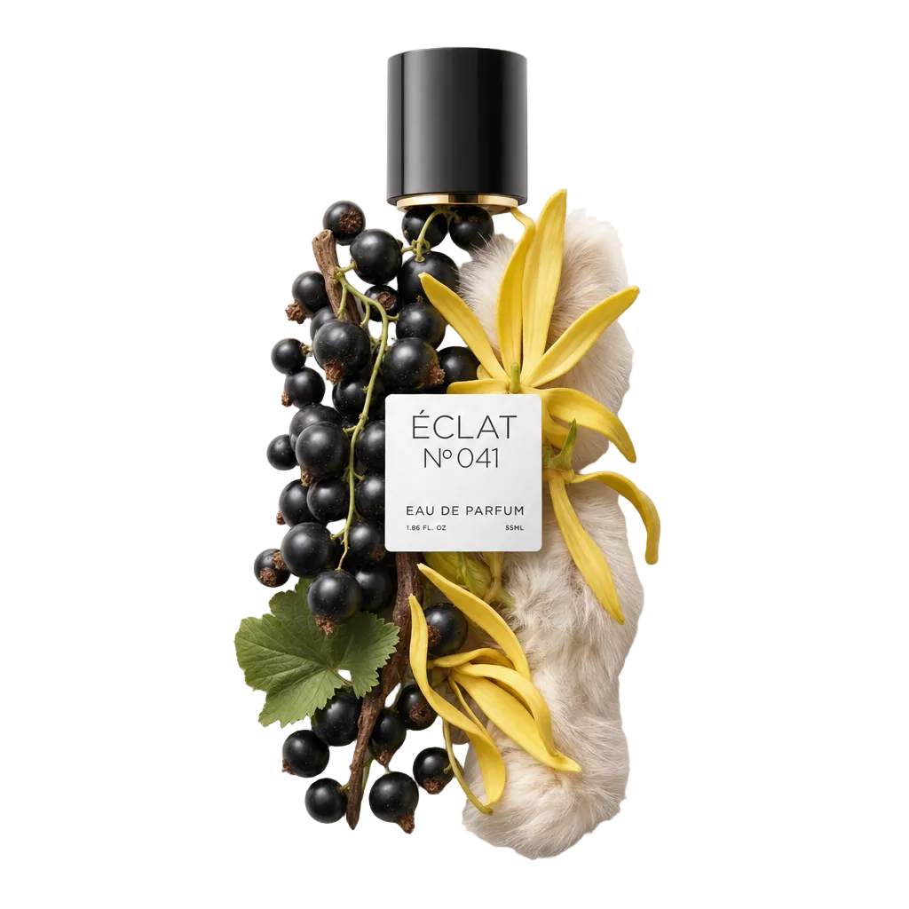 Kompozycja z czarnych porzeczek, kwiatów ylang-ylang i lasek wanilii otacza czarną nakrętkę z etykietą z nazwą ÉCLAT Fruity Cassis.