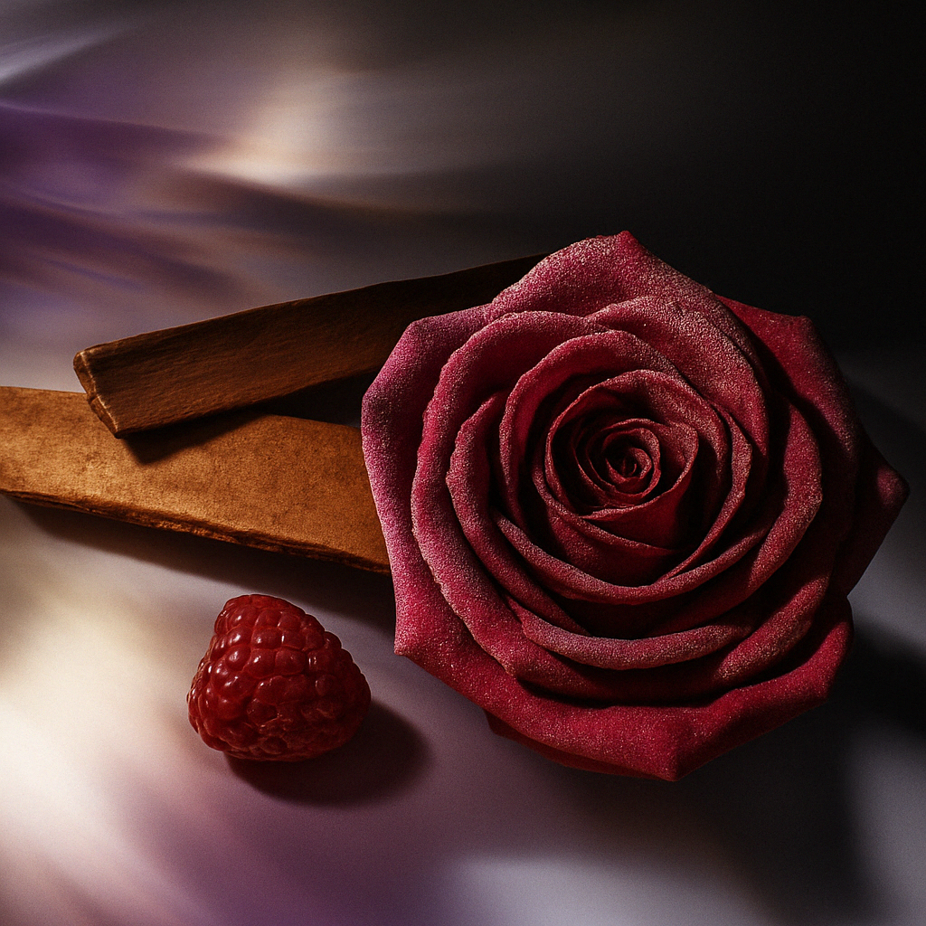 Ciemnoczerwona róża towarzyszy laskom cynamonu i dojrzałej malinie, symbolizując nuty ÉCLAT Fruity Dark Rose.