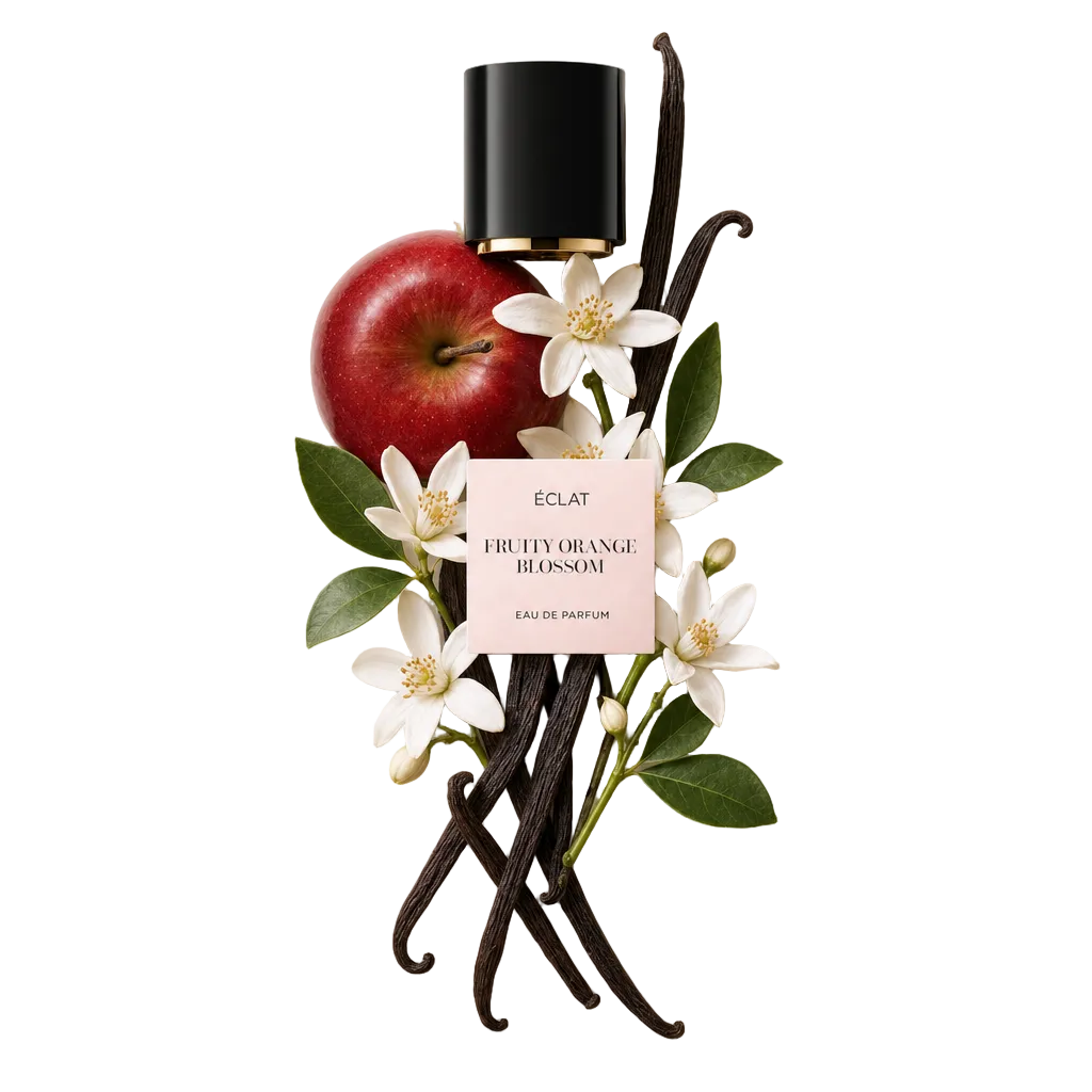 Artystyczna kompozycja z czerwonego jabłka, białych kwiatów pomarańczy i waniliowych lasek otacza czarną nakrętkę z etykietą ÉCLAT Fruity Orange Blossom.