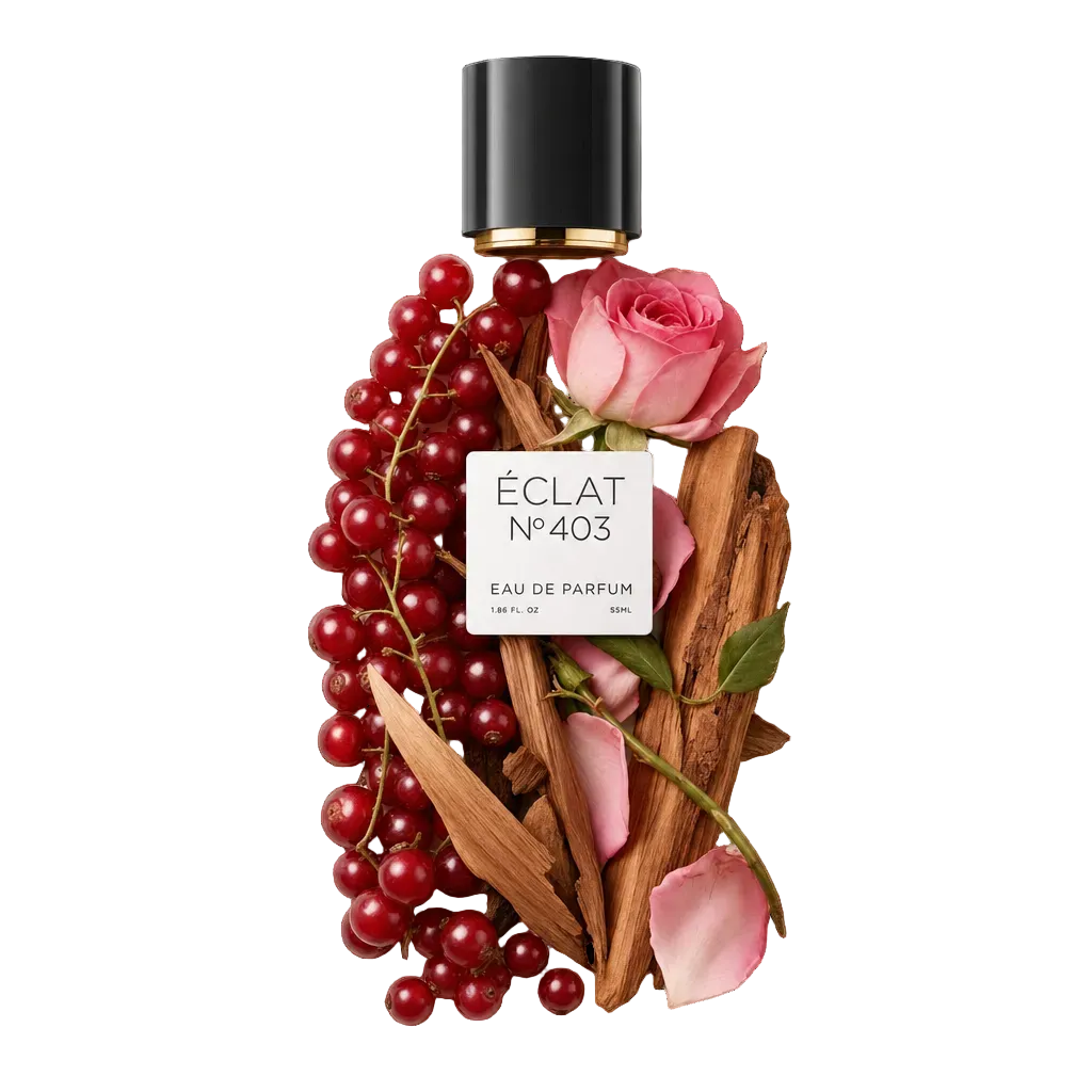 Kompozycja z czerwonych porzeczek, różowych płatków róży i wiórków drewnianych otacza czarną zakrętkę z etykietą ÉCLAT Fruity Rose.