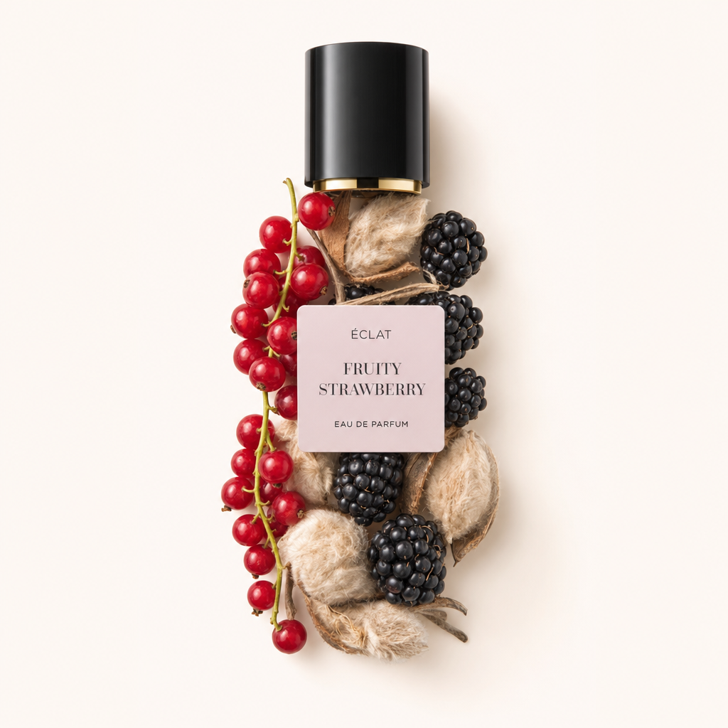 Kompozycja z czerwonych porzeczek i jeżyn otacza nakrętkę perfum ÉCLAT Fruity Strawberry z bladym różowym etykietą.