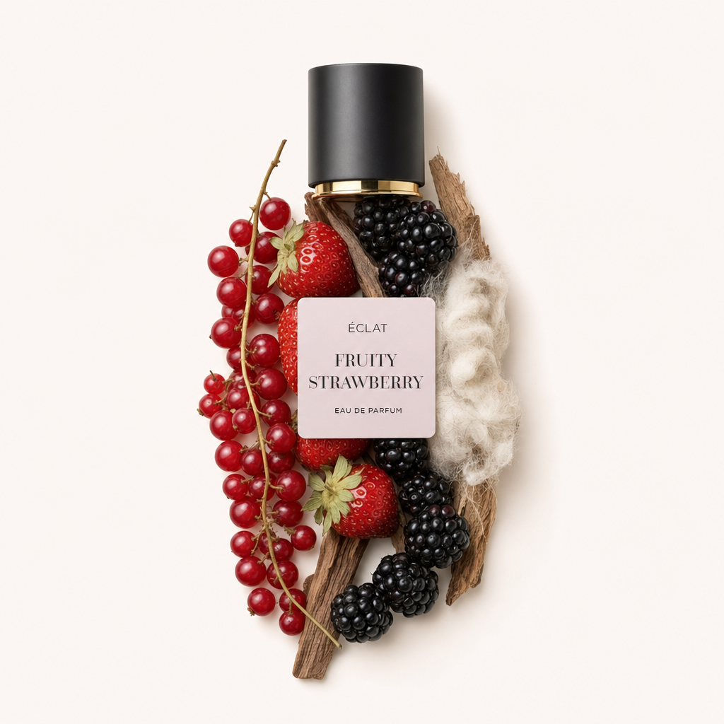 Kompozycja z czerwonych porzeczek, truskawek, jeżyn, bawełny i drewna otacza nakrętkę ÉCLAT Fruity Strawberry z etykietą.