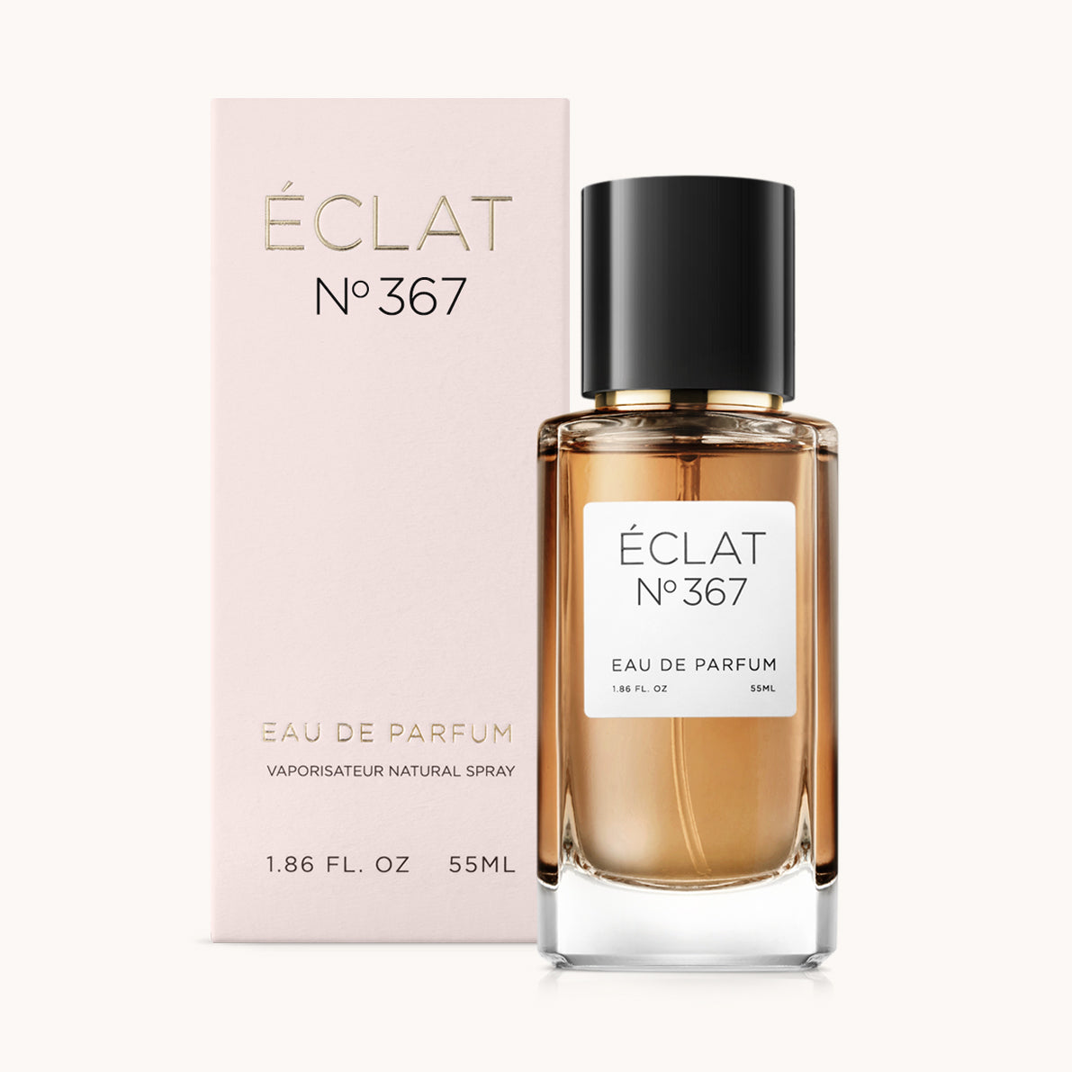 ÉCLAT Fruity Tonka Bean w fasetowanej szklanej butelce z czarną nakrętką, obok różowego pudełka.