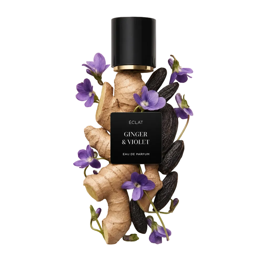 Ręcznie wykonana kompozycja z korzenia imbiru, kwiatów fiołka i fasoli tonka otacza czarną nasadkę z etykietą ÉCLAT Ginger & Violet.