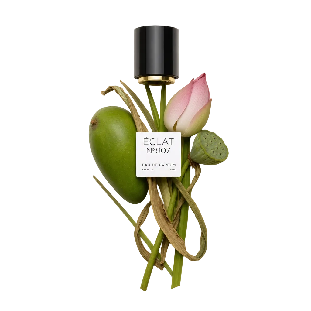 Kompozycja ze świeżego zielonego mango, pąka lotosu i torebki nasiennej z czarną nakrętką oznaczoną ÉCLAT Green Mango & Lotus.