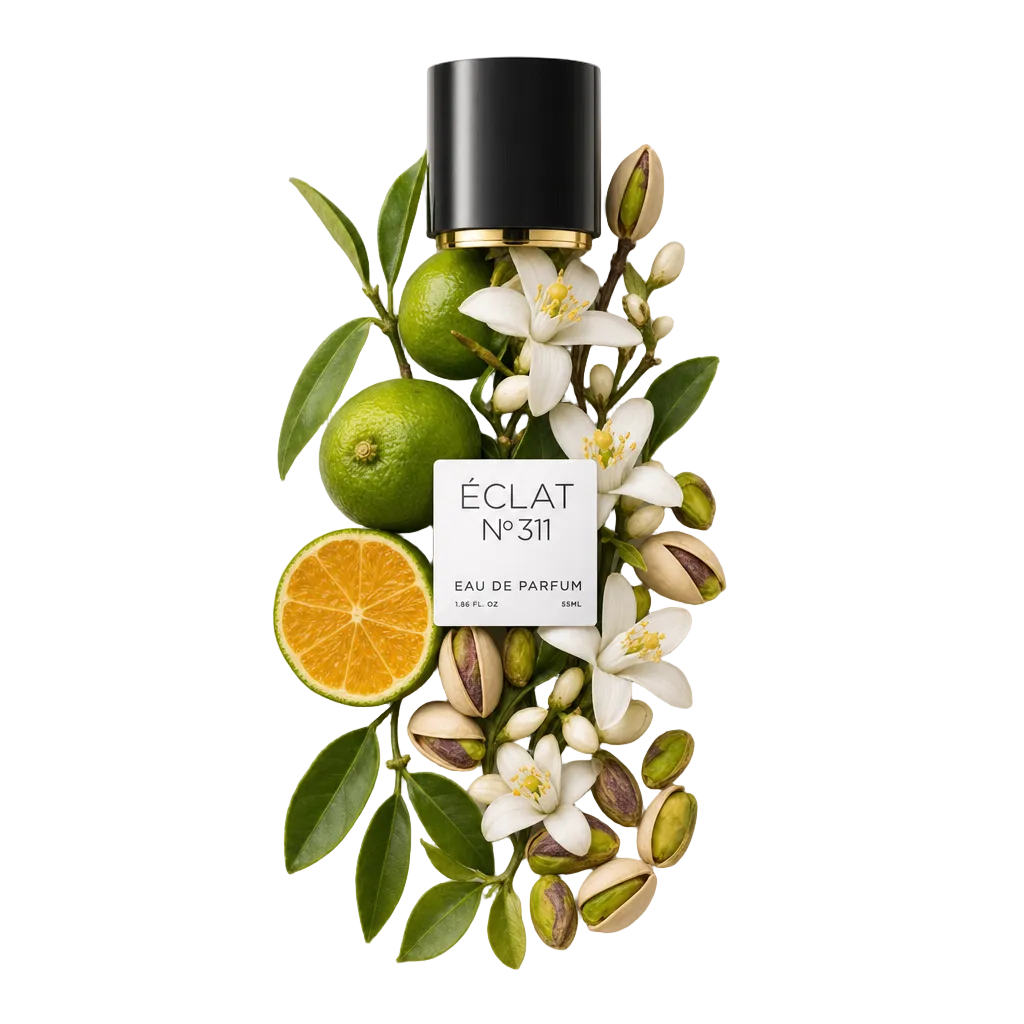 Aranżacja z limonek, plastrów pomarańczy, białych kwiatów i pistacji otacza czarną zakrętkę z etykietą ÉCLAT.