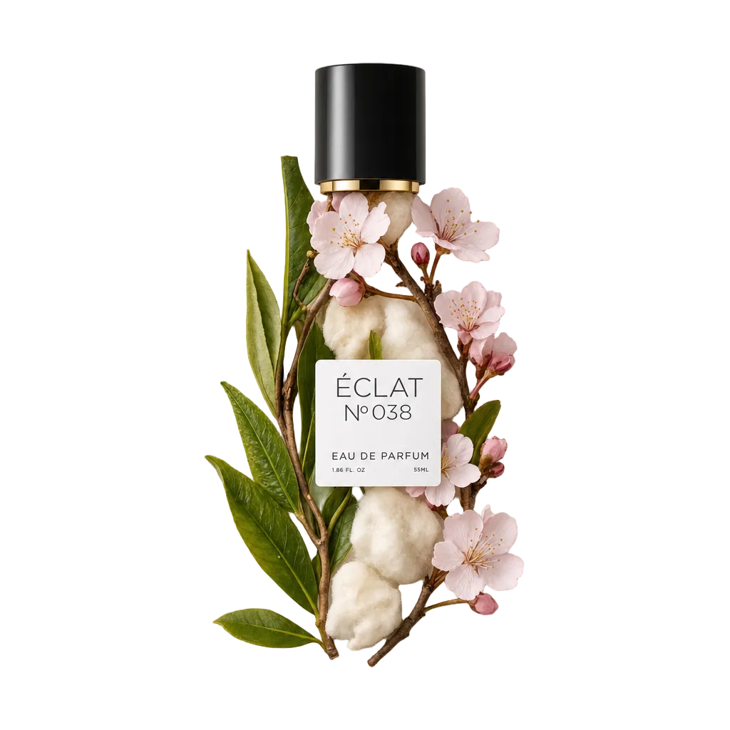 Aranżacja z kwiatów wiśni, liści zielonej herbaty i bawełny otacza oryginalną czarną nakrętkę ze złotym akcentem ÉCLAT Green Tea & Cherry Blossom.
