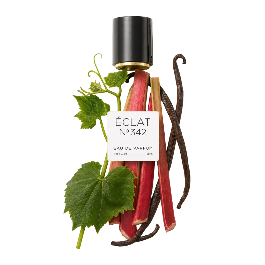 Kompozycja z łodyg rabarbaru, wanilii strączkowej i liści winorośli otacza czarną nakrętkę z etykietą, reprezentującą ÉCLAT Green Vanilla.