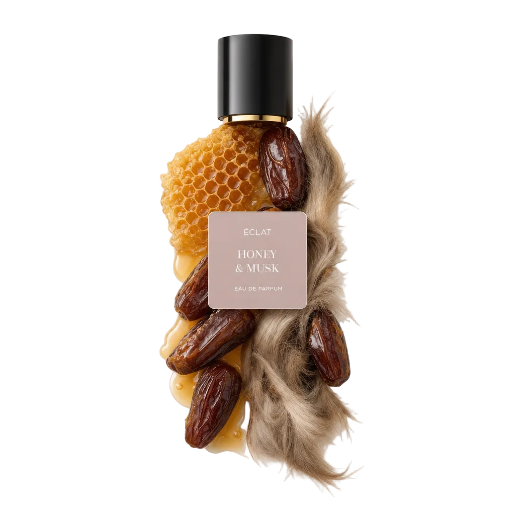 Kompozycja z plastra miodu, daktyli i futra z piżma elegancko otacza oryginalną czarną nasadkę z etykietą prezentującą ÉCLAT Honey & Musk.