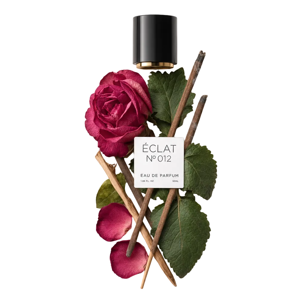 Aranżacja kadzidełek, żywej czerwonej róży, płatków i bujnych liści prezentuje nuty zapachowe ÉCLAT VIP - Incense, Rose & Spices, z czarnym korkiem z etykietą na górze.