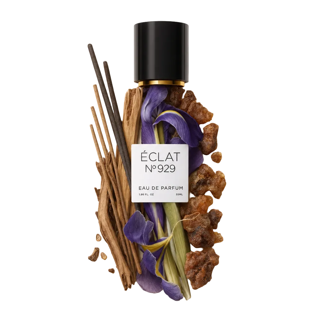 Kompozycja z kadzidełek, fioletowych irysów i bursztynowej żywicy otacza czarną nakrętkę z etykietą ÉCLAT Iris & Incense.
