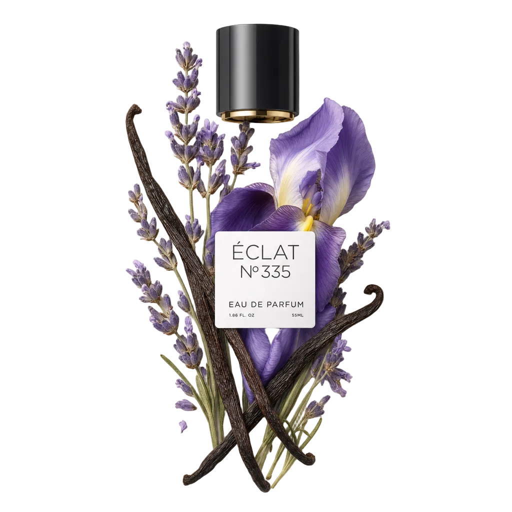 Aranżacja z gałązek lawendy, strąków wanilii i fioletowego kwiatu otacza czarną nakrętkę z etykietą, reprezentującą ÉCLAT Lavender & Vanilla.