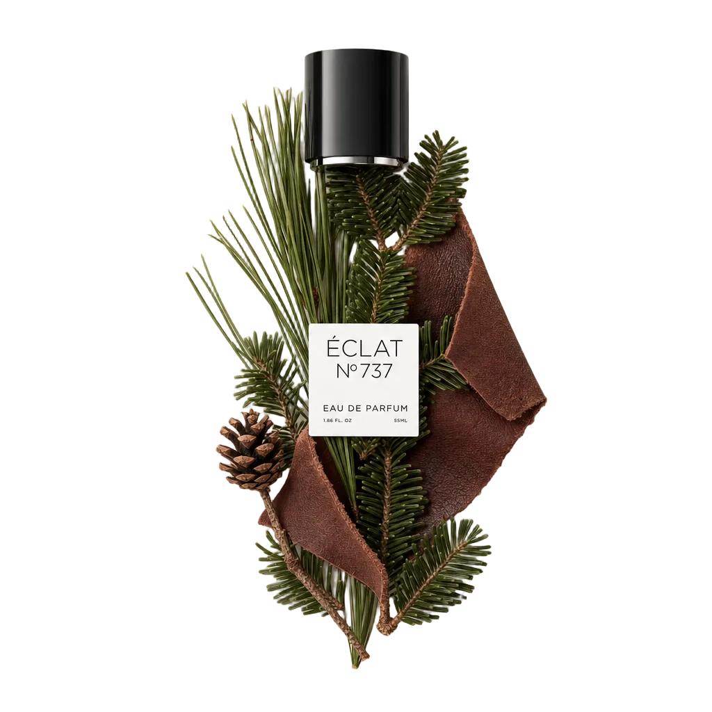 Kompozycja z igieł jodły balsamicznej, szyszki i pasków skóry otaczająca czarną zakrętkę z etykietą ÉCLAT Leathery Balsam Fir.